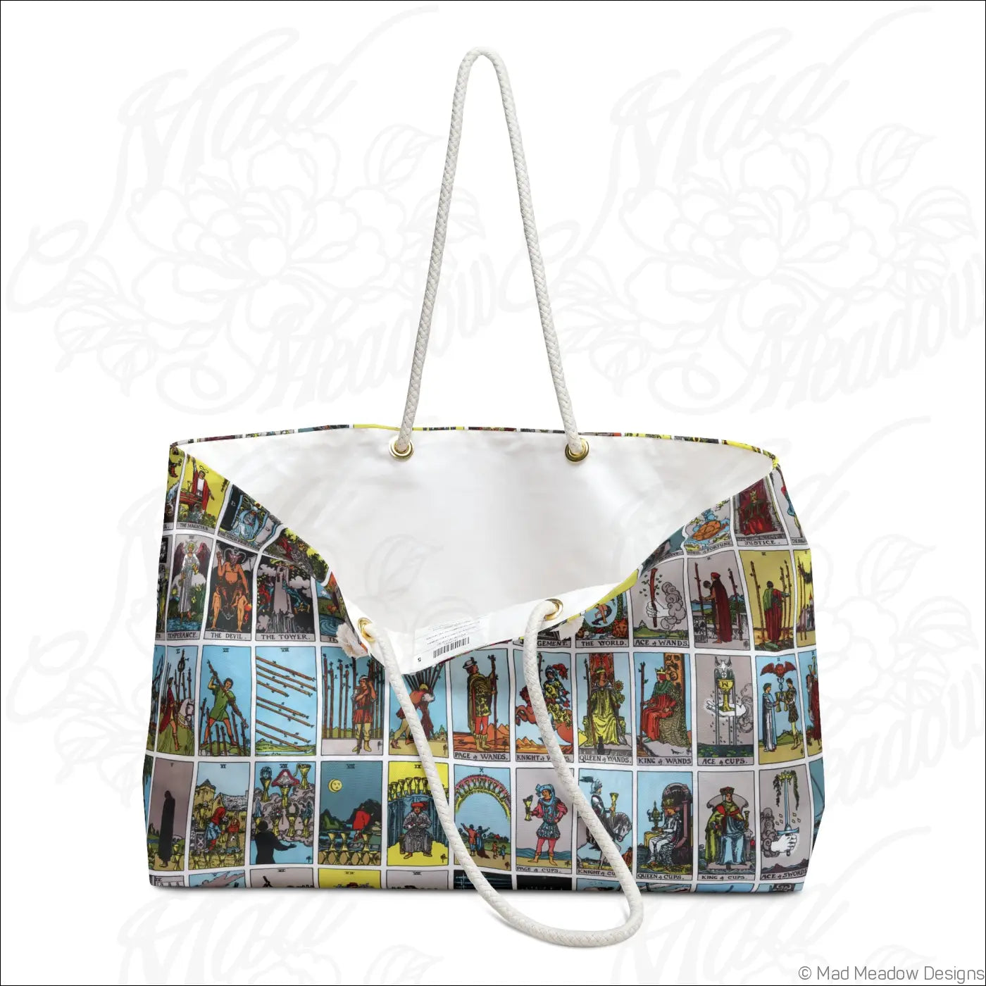 White spun polyester tarot card collage weekender bag with rope handles and care instructions for travel use