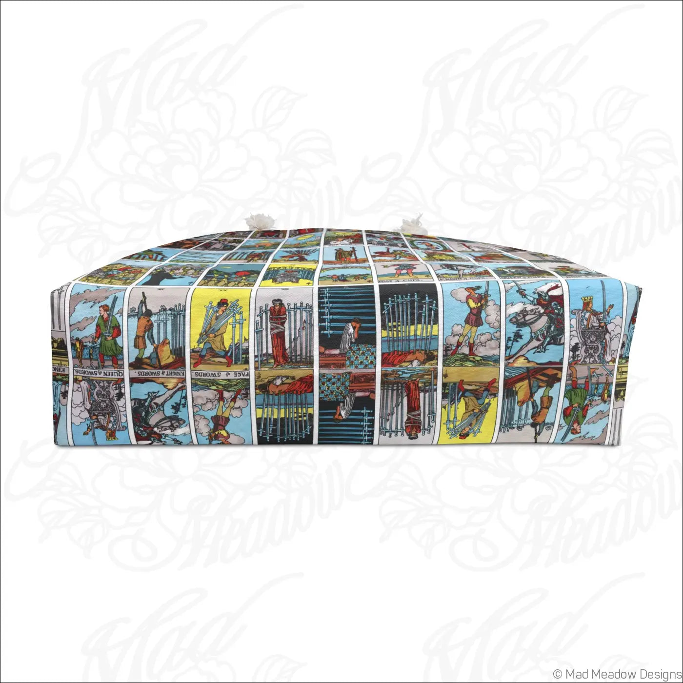 A vibrant rectangular cushion with classic tarot card print made from spun polyester for vintage esoteric vibes