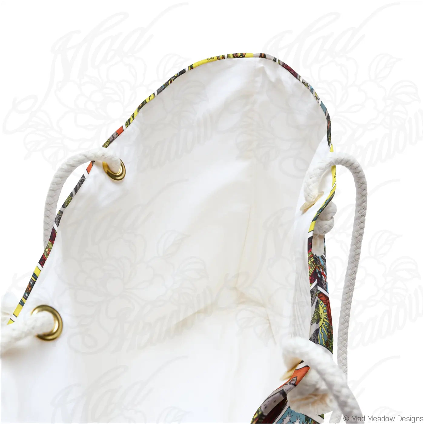 White drawstring tarot card collage weekender bag with spun polyester soft cream fabric and colorful rope handles