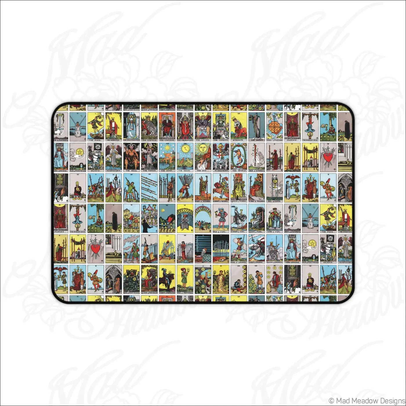 Rectangular desk mat with a colorful vintage lotería-style tarot card grid design perfect for your desk setup with care instructions to clean with warm water
