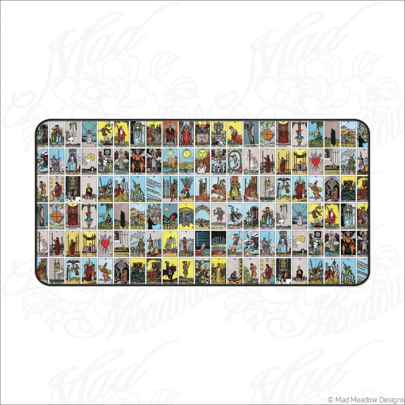 Rectangular desk mat with colorful vintage lotería-style tarot card grid design perfect for mousepad use care instructions suggest warm water cleaning