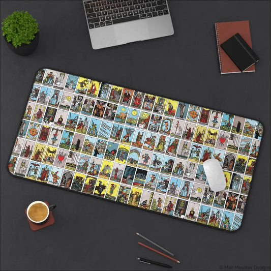 Rectangular black-bordered desk mat with vibrant vintage lotería-style tarot card grid and care instructions for warm water use