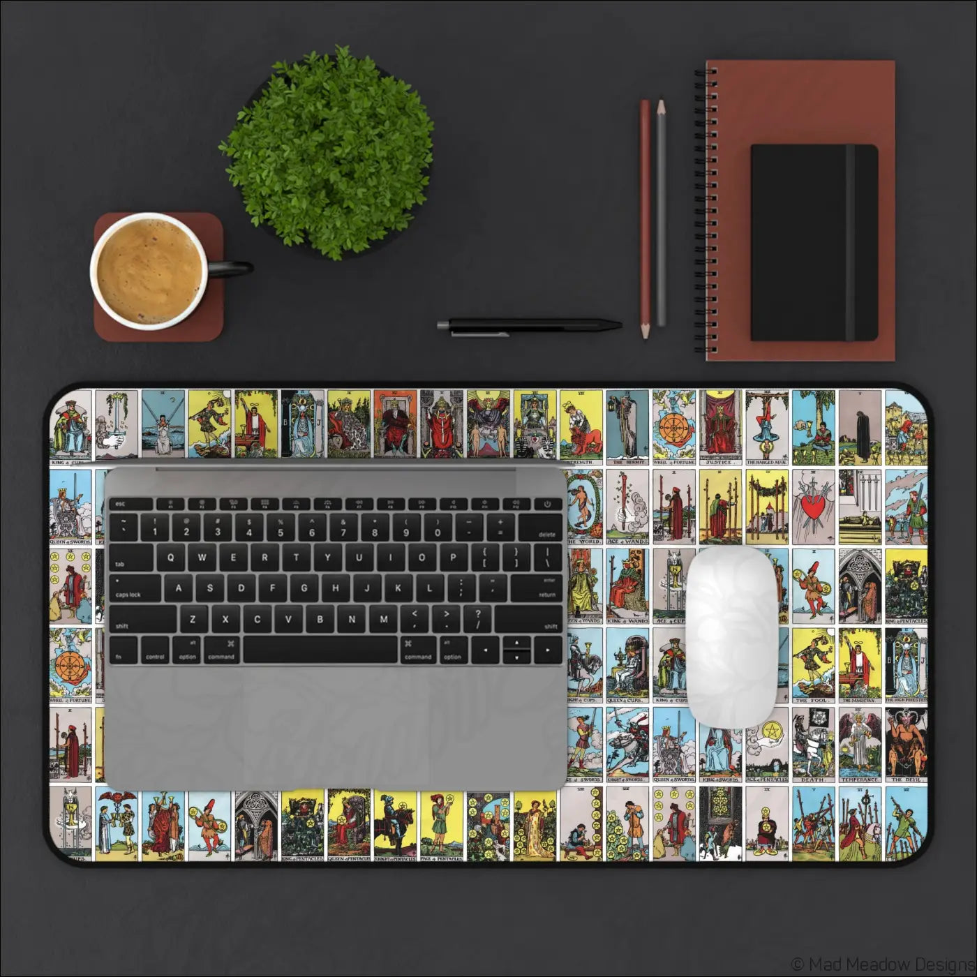 Tarot card grid desk mat with vibrant vintage lotería-style tarot illustrations designed for smooth mouse use care instructions include warm water cleaning