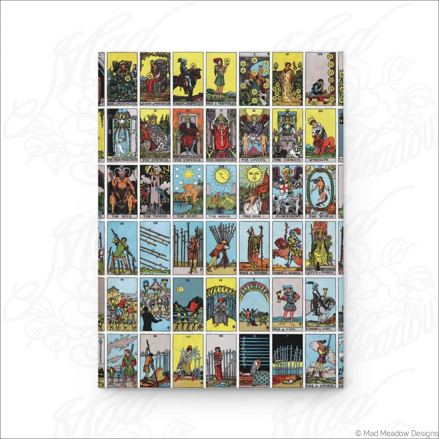 A rectangular hardcover journal with a matte finish featuring vibrant vintage rider-waite tarot cards and lined pages
