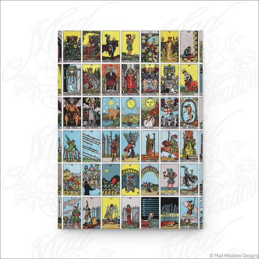 A rectangular hardcover journal with a matte finish featuring vibrant vintage rider-waite tarot cards and lined pages
