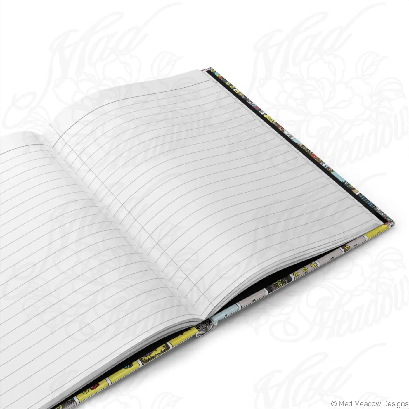 Open notebook with lined pages and colorful vintage rider-waite comic style hardcover journal matte finish