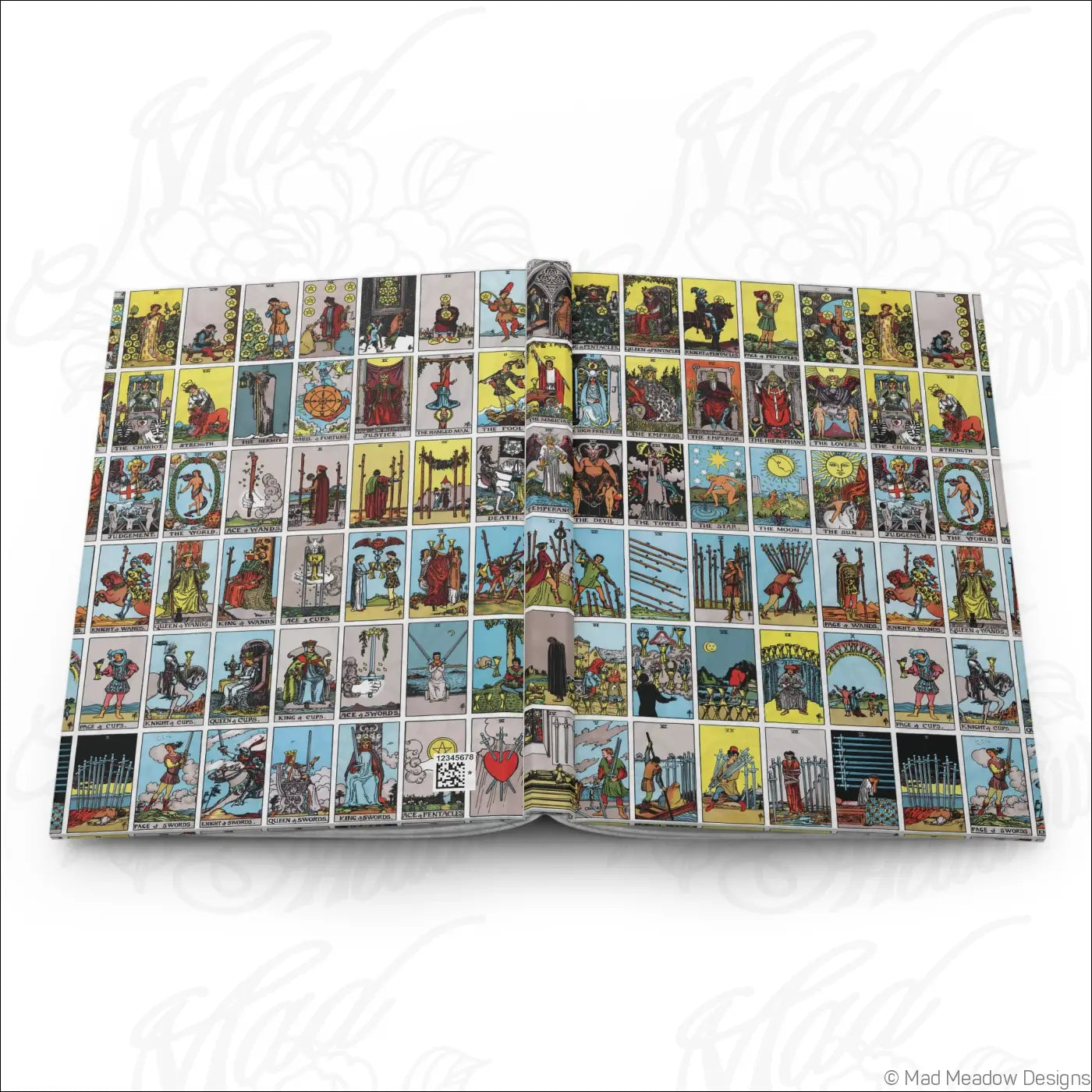 Open tarot card hardcover journal with colorful vintage rider-waite cards and lined pages featuring a matte finish