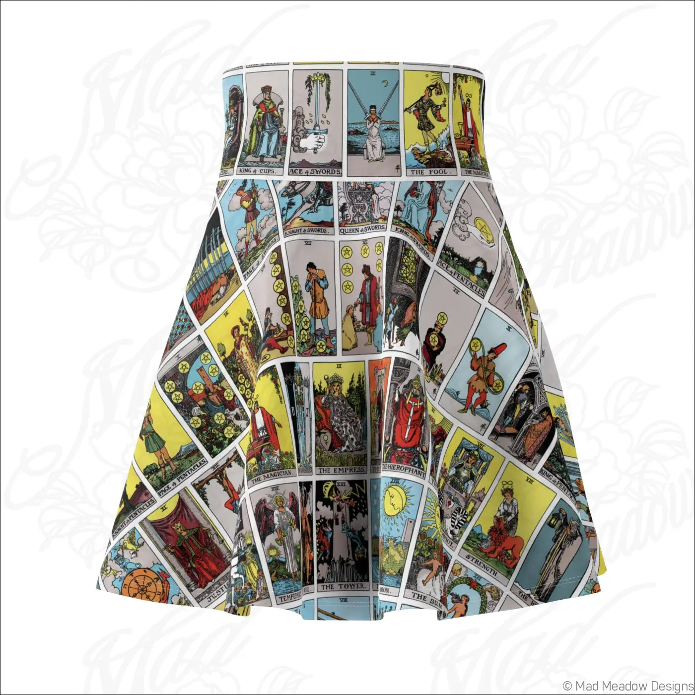 Flared skater skirt with vibrant tarot card print in multiple colors featuring care instructions to line dry