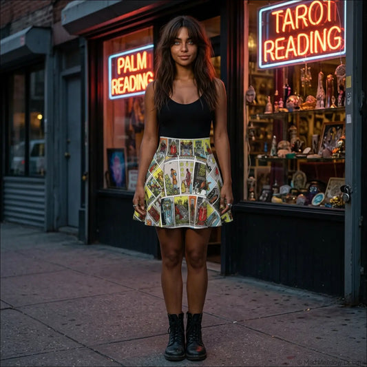 A vibrant a-line skater skirt with colorful tarot card pattern perfect for mystical astrology fans hand wash recommended