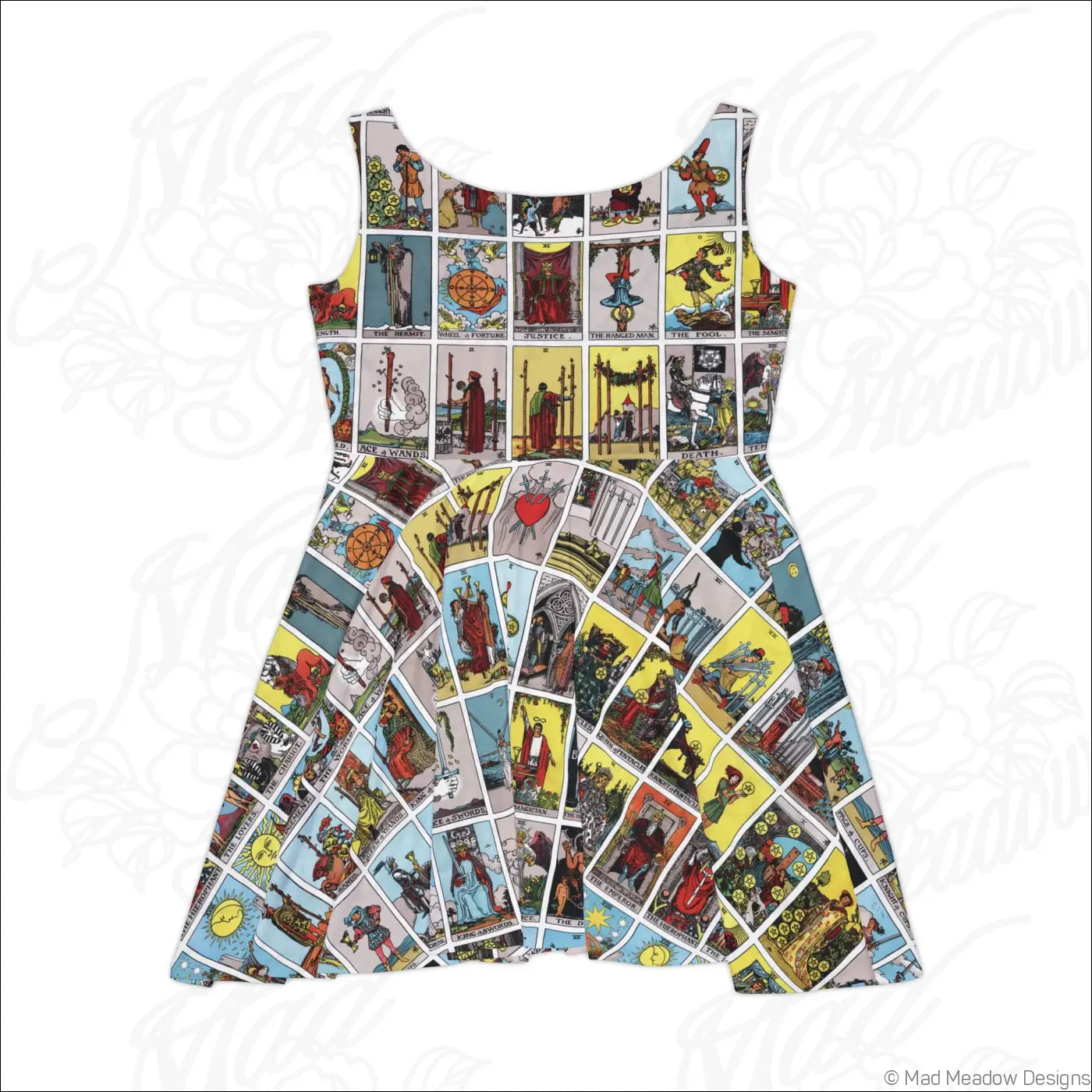 Sleeveless skater dress with a high-cut scoop neckline featuring vibrant vintage tarot card print designs
