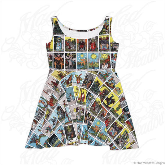 A sleeveless skater dress with a high cut scoop neckline and vibrant tarot card vintage arcana print