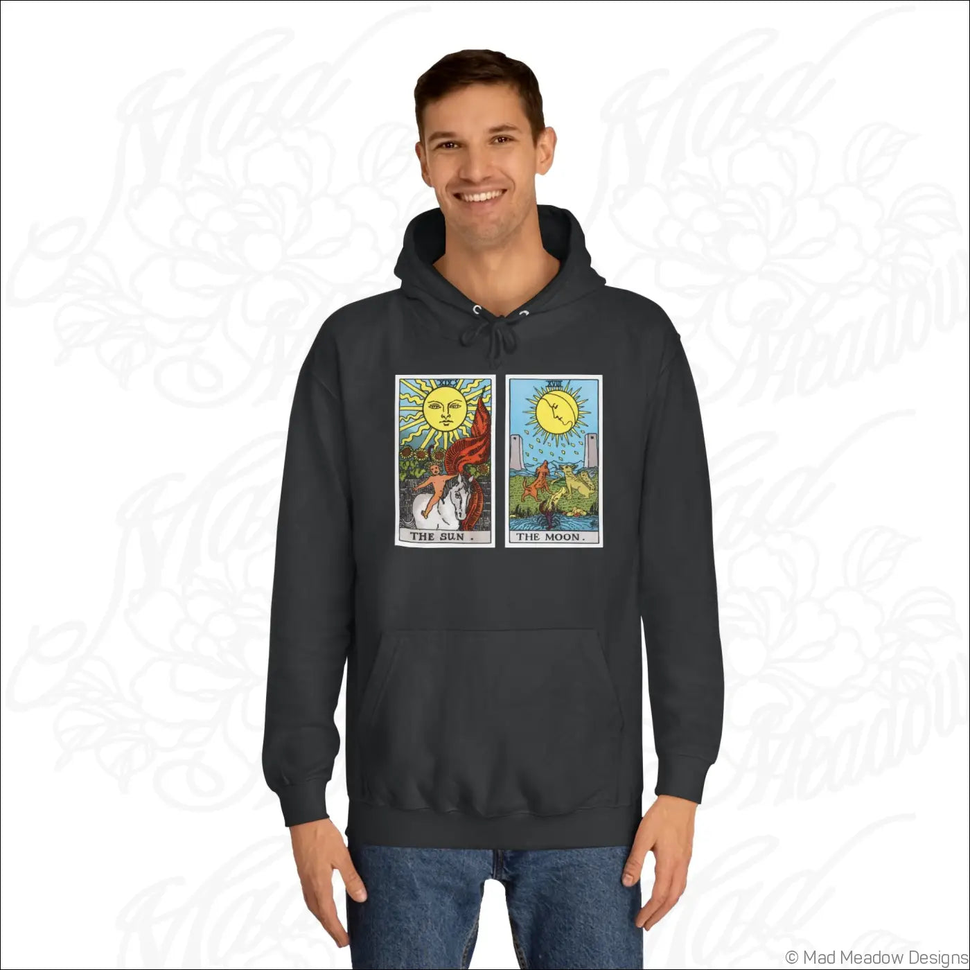 Black hoodie with colorful tarot card graphic of the sun and the moon on chest care instructions low heat wash