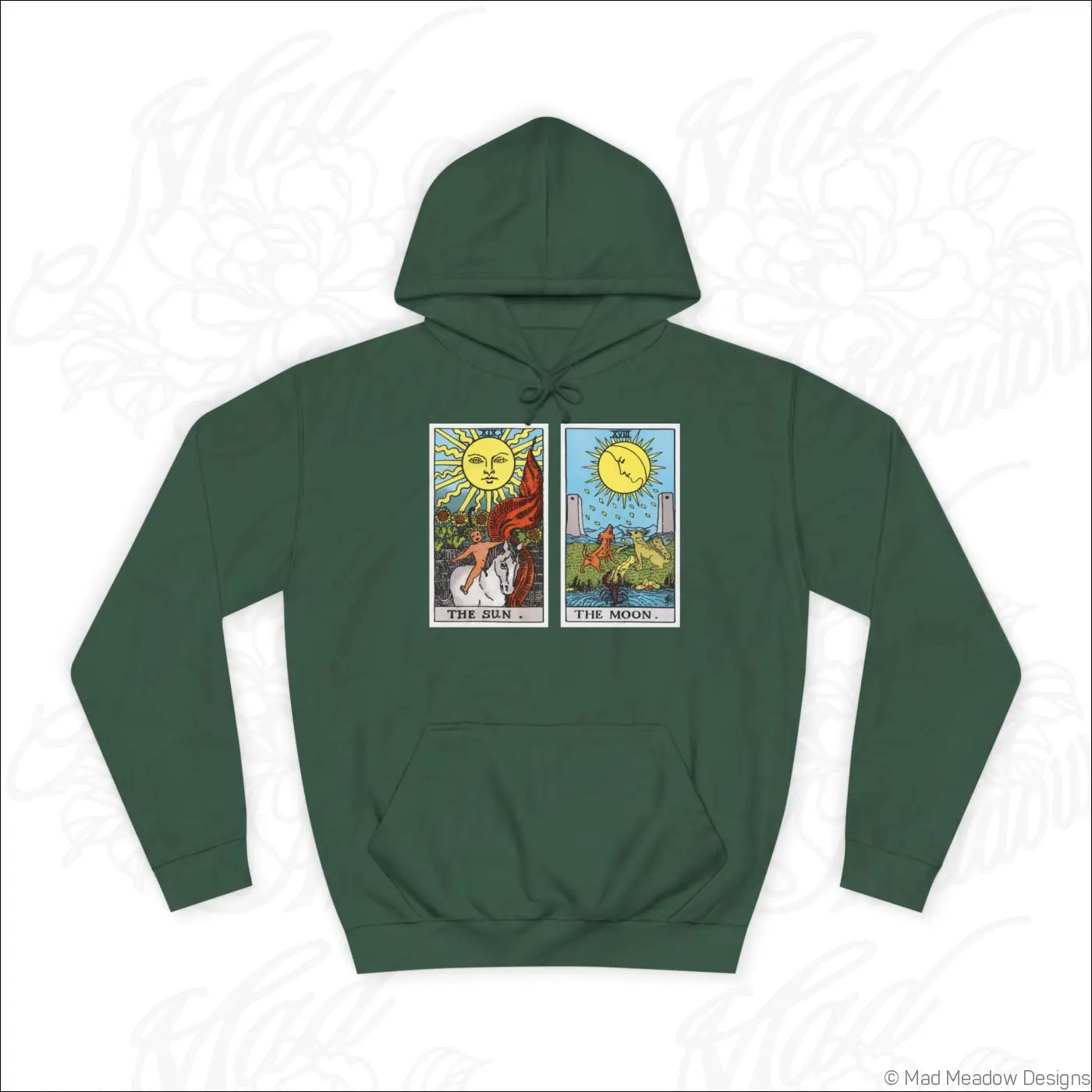 Dark green hooded sweatshirt with tarot card graphics of the sun and the moon plus low heat care instructions