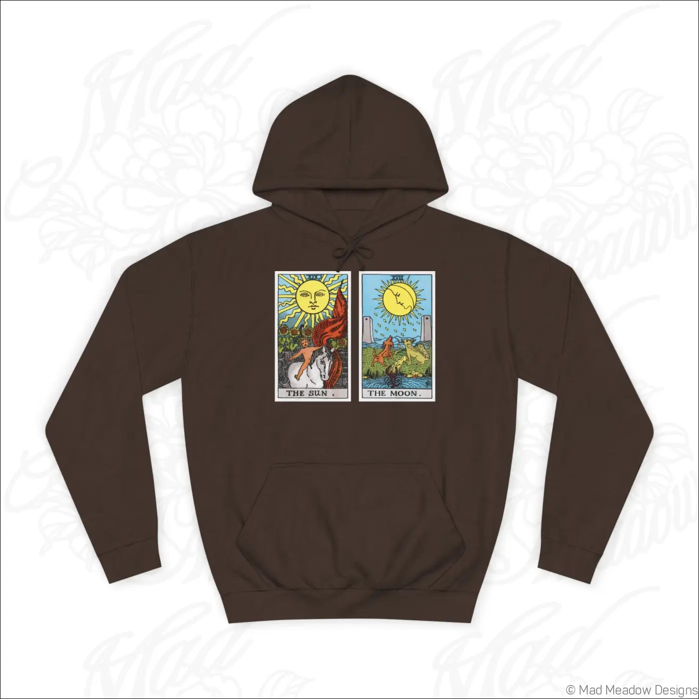Brown hooded sweatshirt with vibrant sun and moon tarot card graphic on front and care instructions for low heat wash
