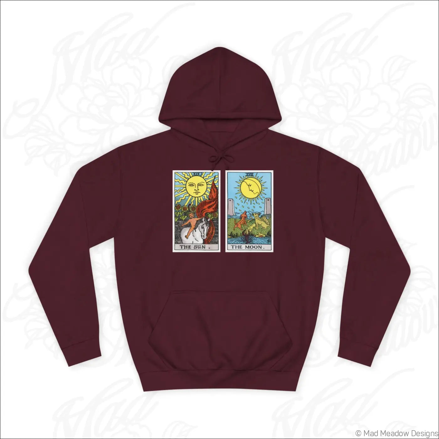 Maroon hooded sweatshirt with printed tarot card design of the sun and the moon low heat care instructions included
