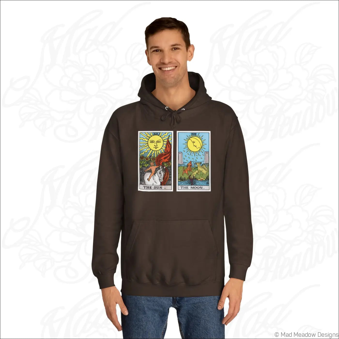 Dark brown hooded sweatshirt with vibrant sun and moon tarot card print and low heat care instructions for softness