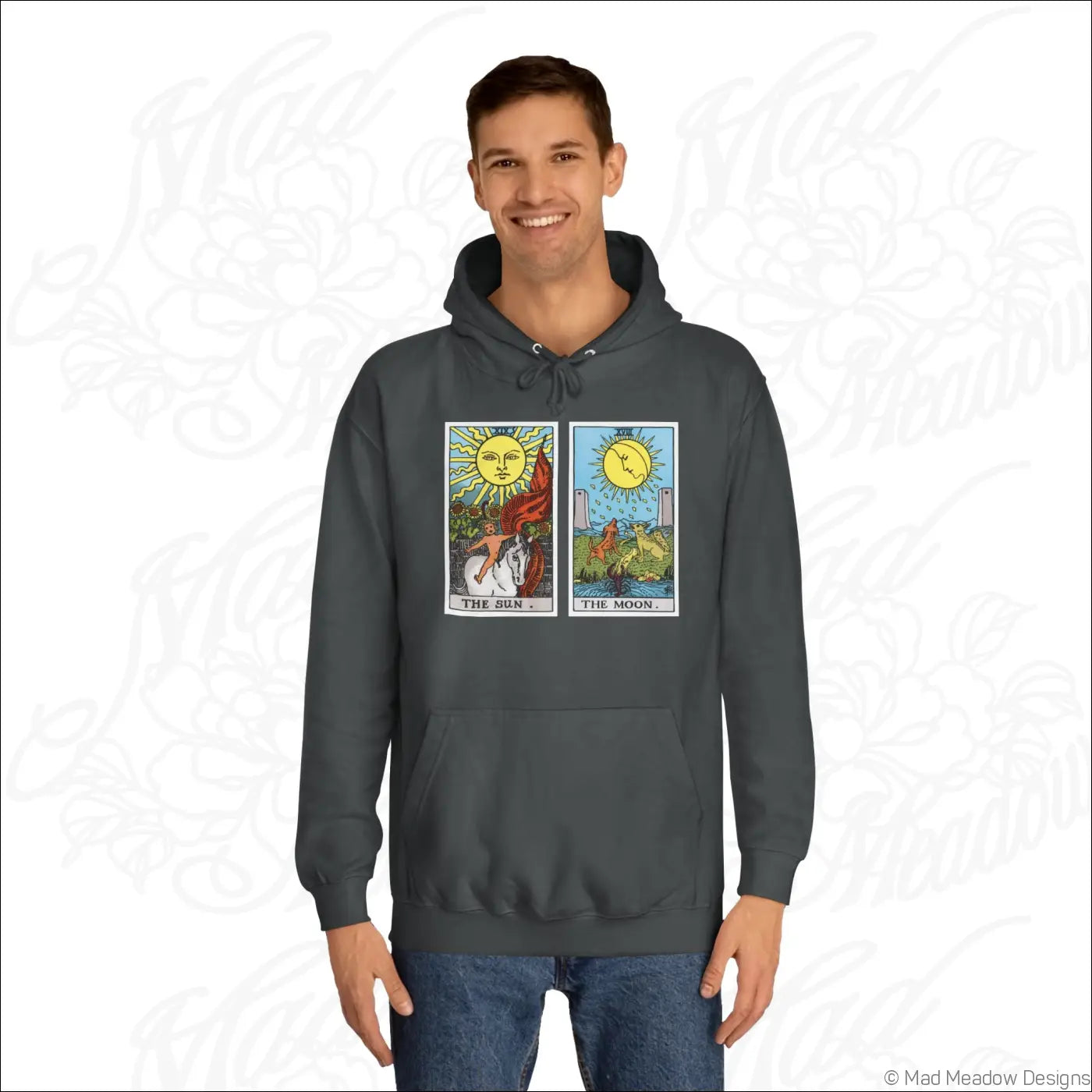 Dark gray hooded sweatshirt with vibrant tarot card prints of the sun and the moon and low heat care instructions