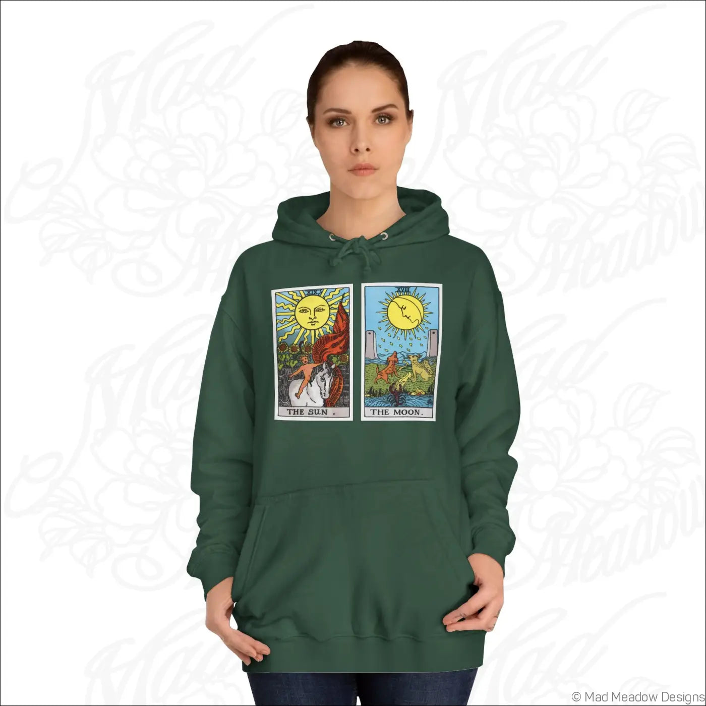 Dark green hooded sweatshirt with vibrant tarot card sun and moon design front low heat care instructions included