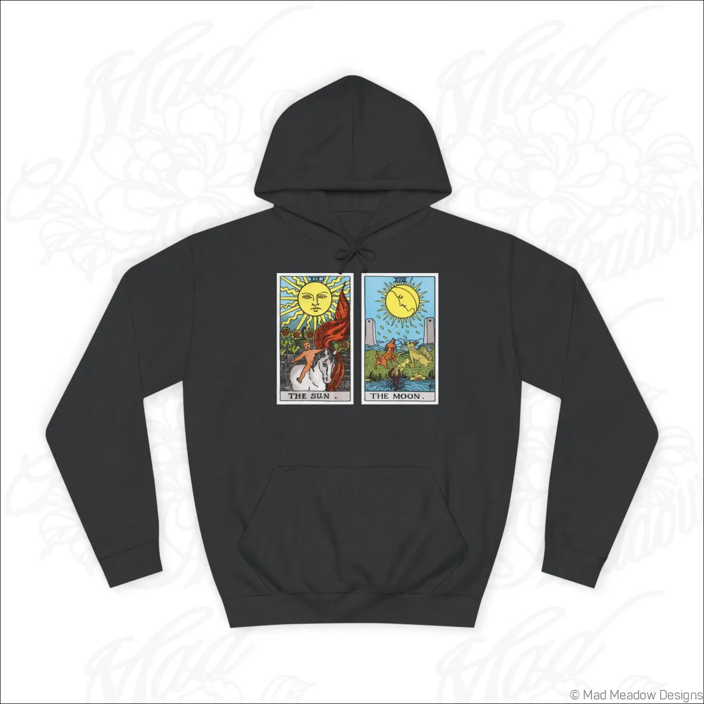 Black hoodie with vibrant tarot card sun and moon graphic on front made for comfy wear with low heat care instructions