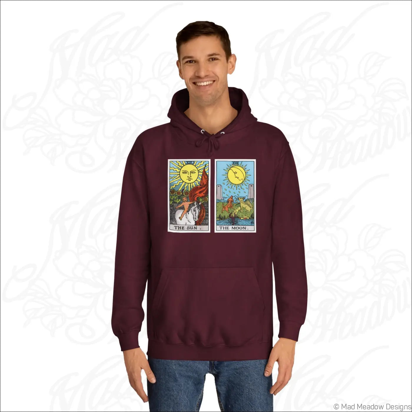 Maroon hooded sweatshirt with tarot card sun and moon graphic print and low heat care instructions for easy use