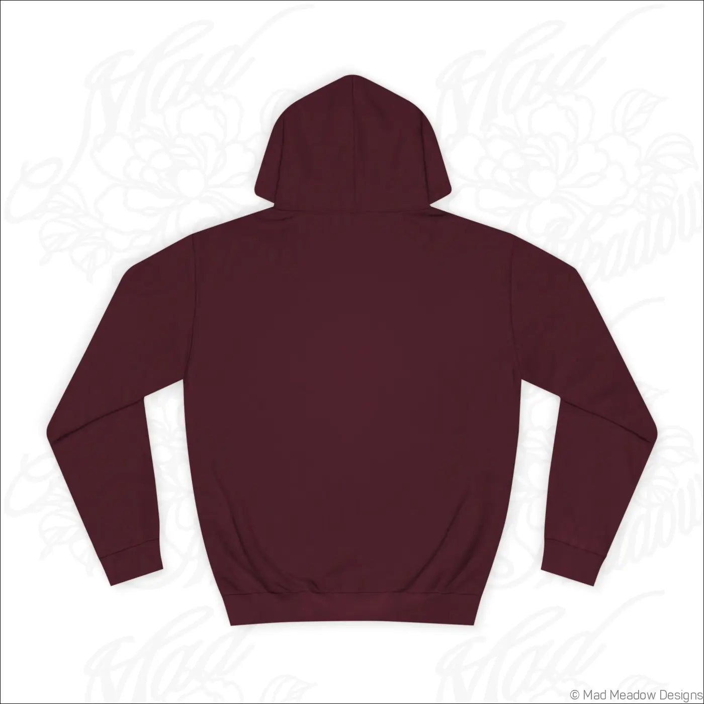 Maroon tarot card hoodie with long sleeves and ribbed hem featuring sun and moon graphic care instructions low heat wash