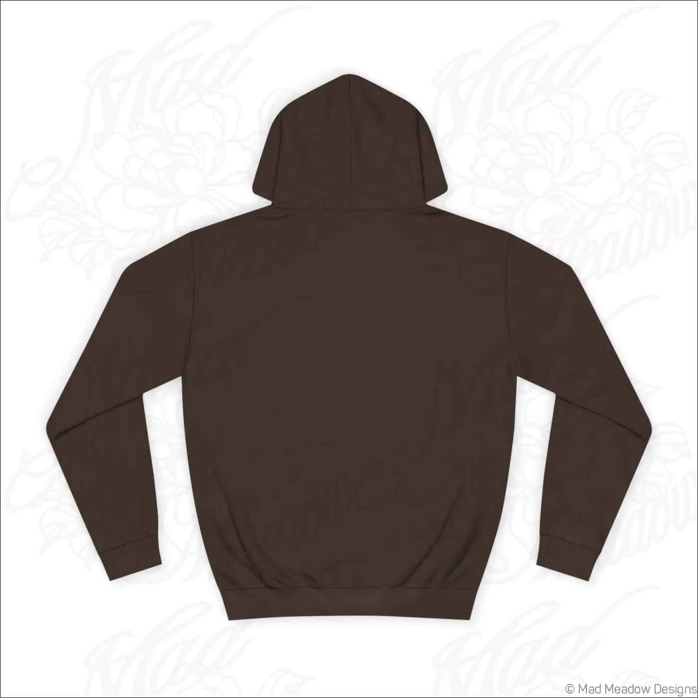A solid dark brown tarot card hoodie with long sleeves and ribbed hem made for low heat care instructions