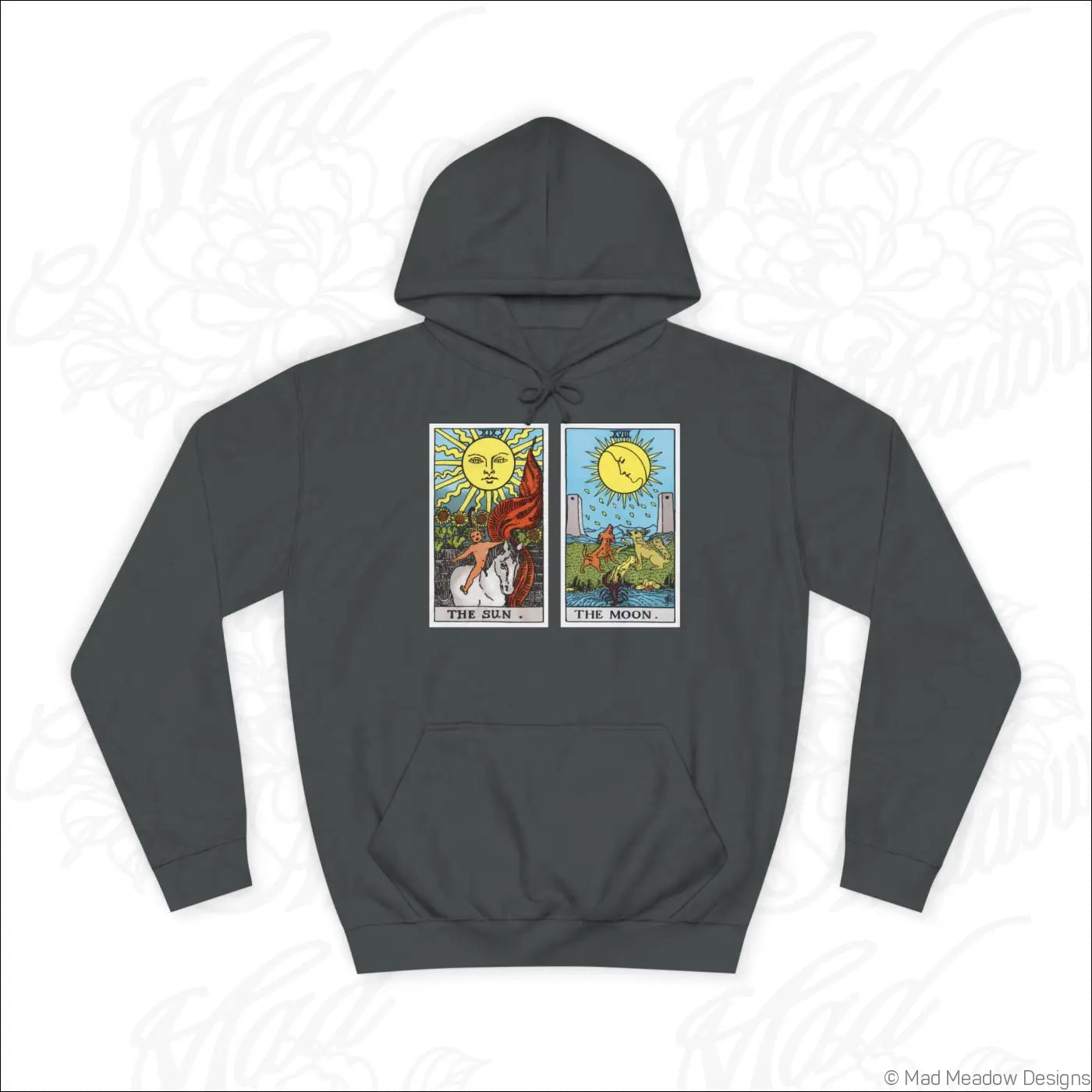 Dark gray hooded sweatshirt with tarot card sun and moon design featuring low heat care instructions for long wear