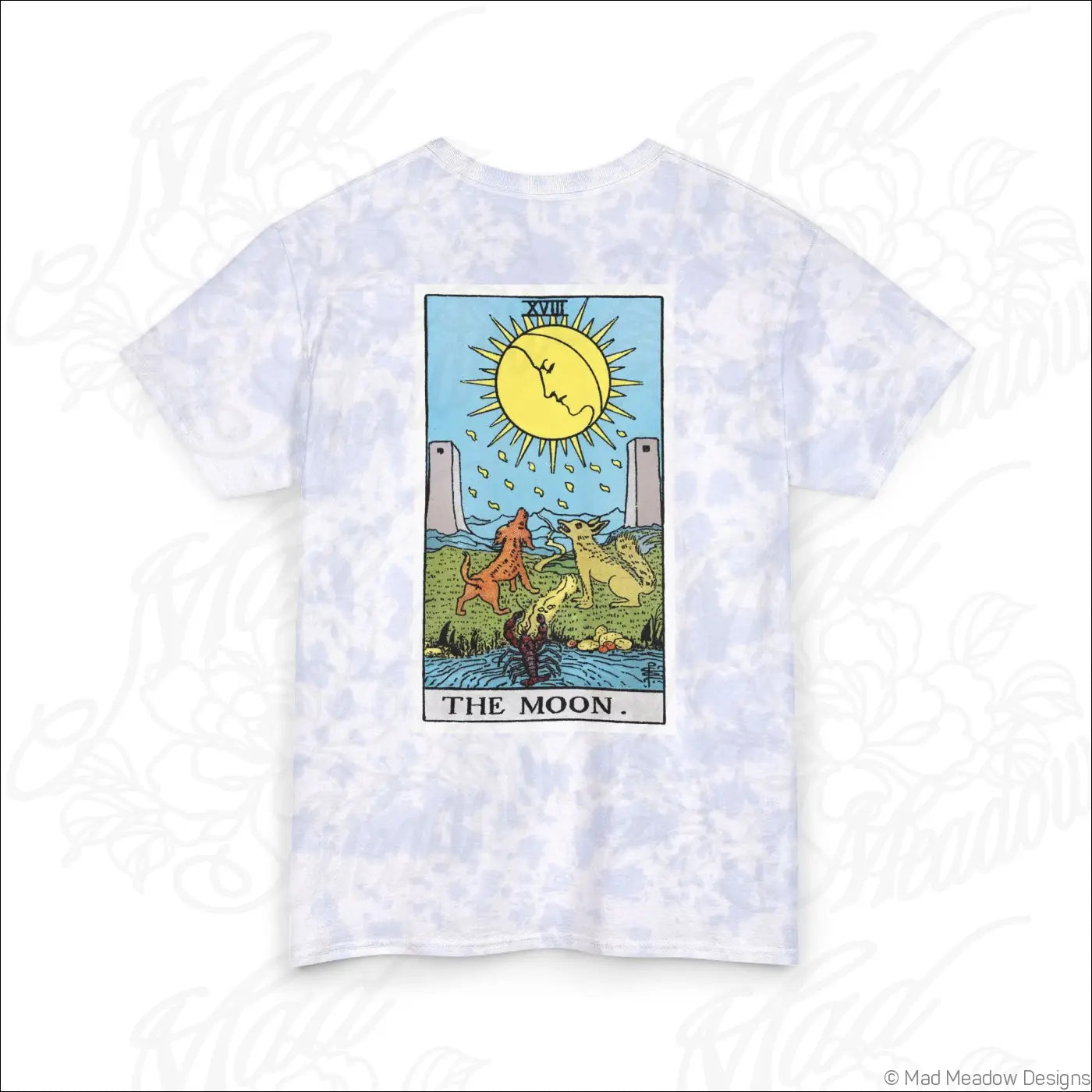 White tie-dye tarot sun and moon tie-dye t-shirt with colorful moon card print made of ring-spun cotton machine wash safe