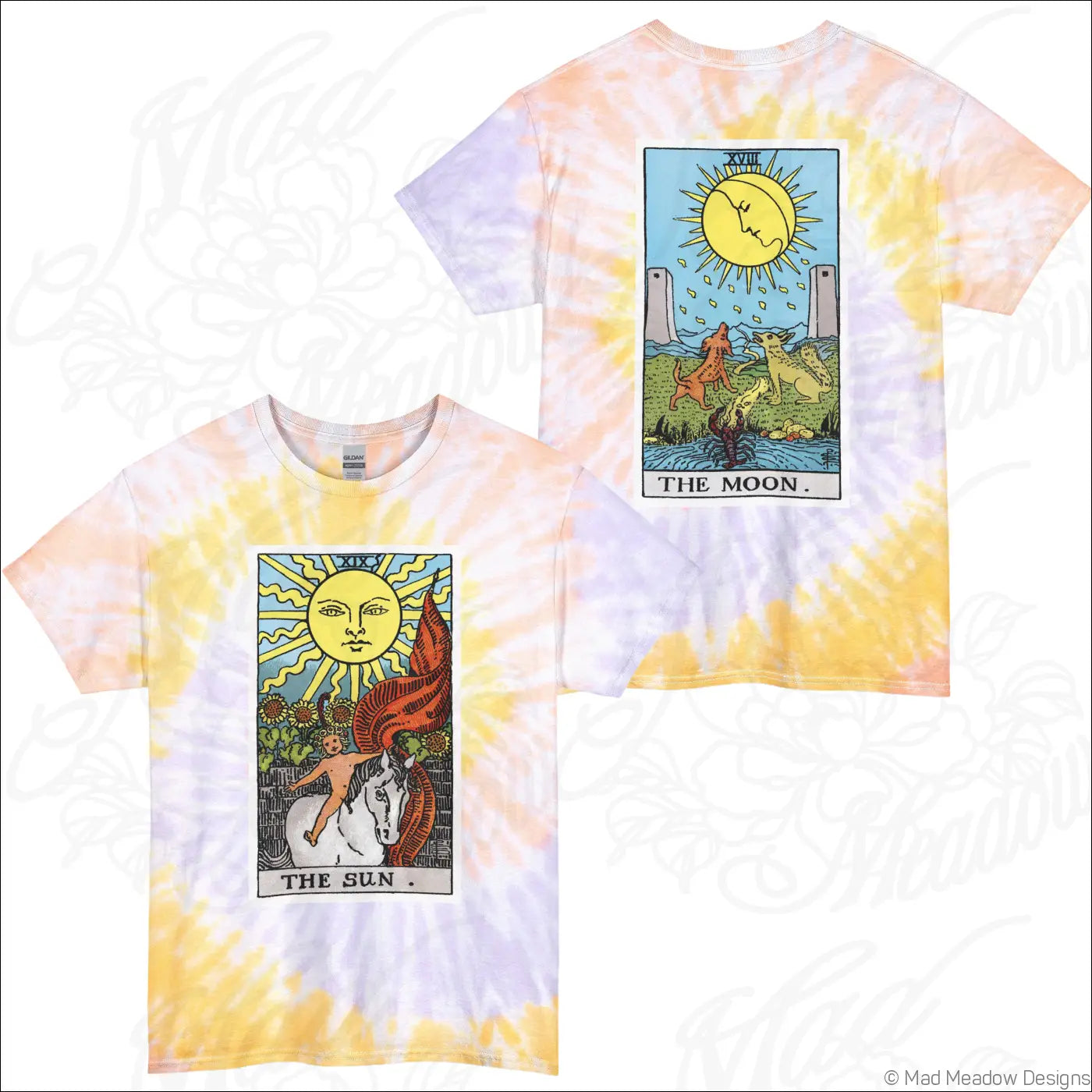 Yellow and white tie-dye tarot sun and moon t-shirt in ring-spun cotton with machine wash care instructions visible on the back
