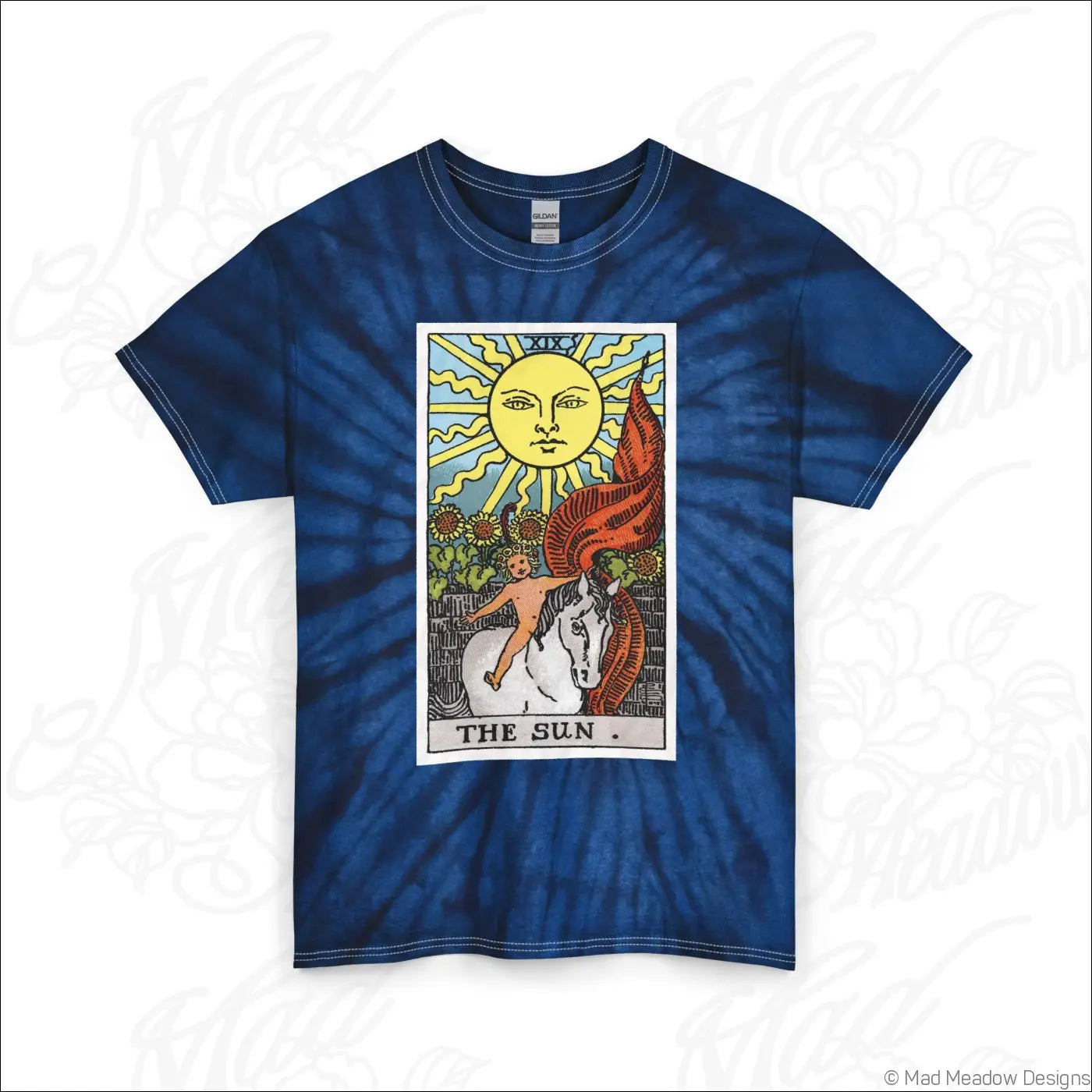 Blue tie-dye ring-spun cotton tarot sun and moon t-shirt with graphic sun card design machine wash care instructions