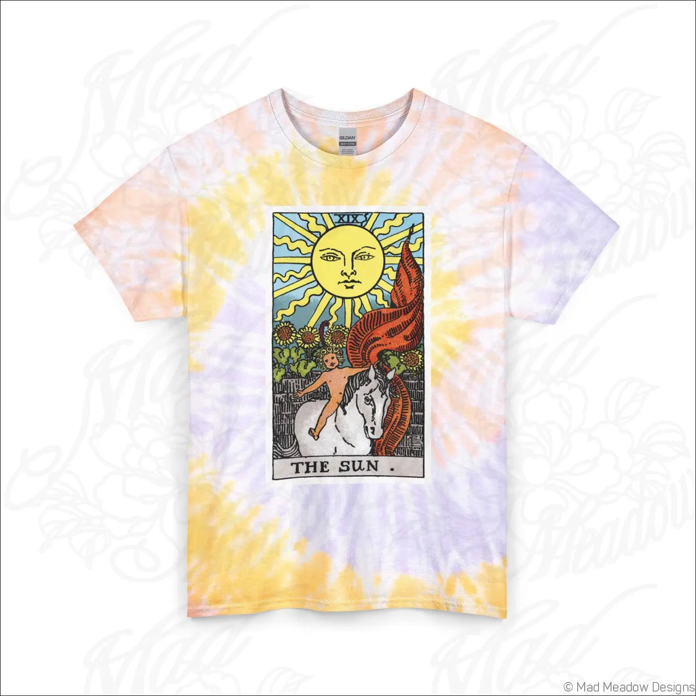 A ring-spun cotton tarot sun and moon tie-dye t-shirt with yellow orange swirl and machine wash care instructions