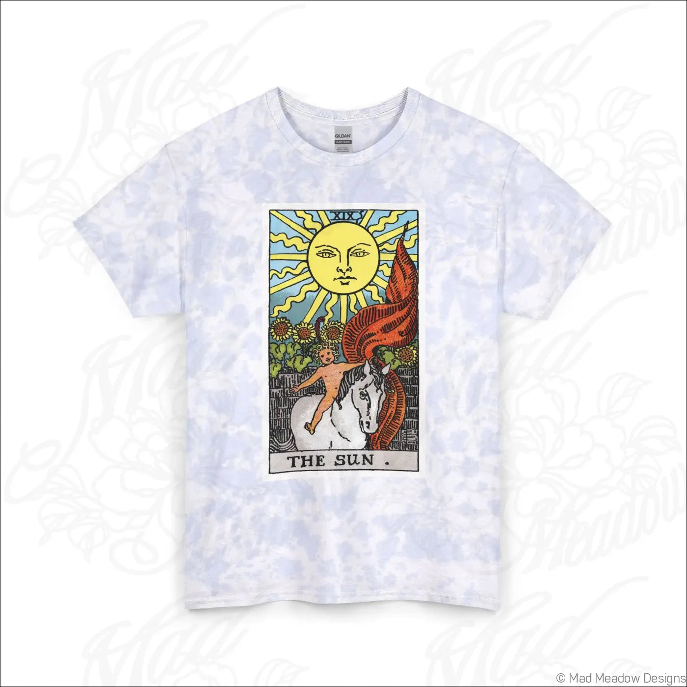 White tie-dye tarot sun and moon tie-dye t-shirt with colorful sun card graphic made from soft ring-spun cotton machine wash safe
