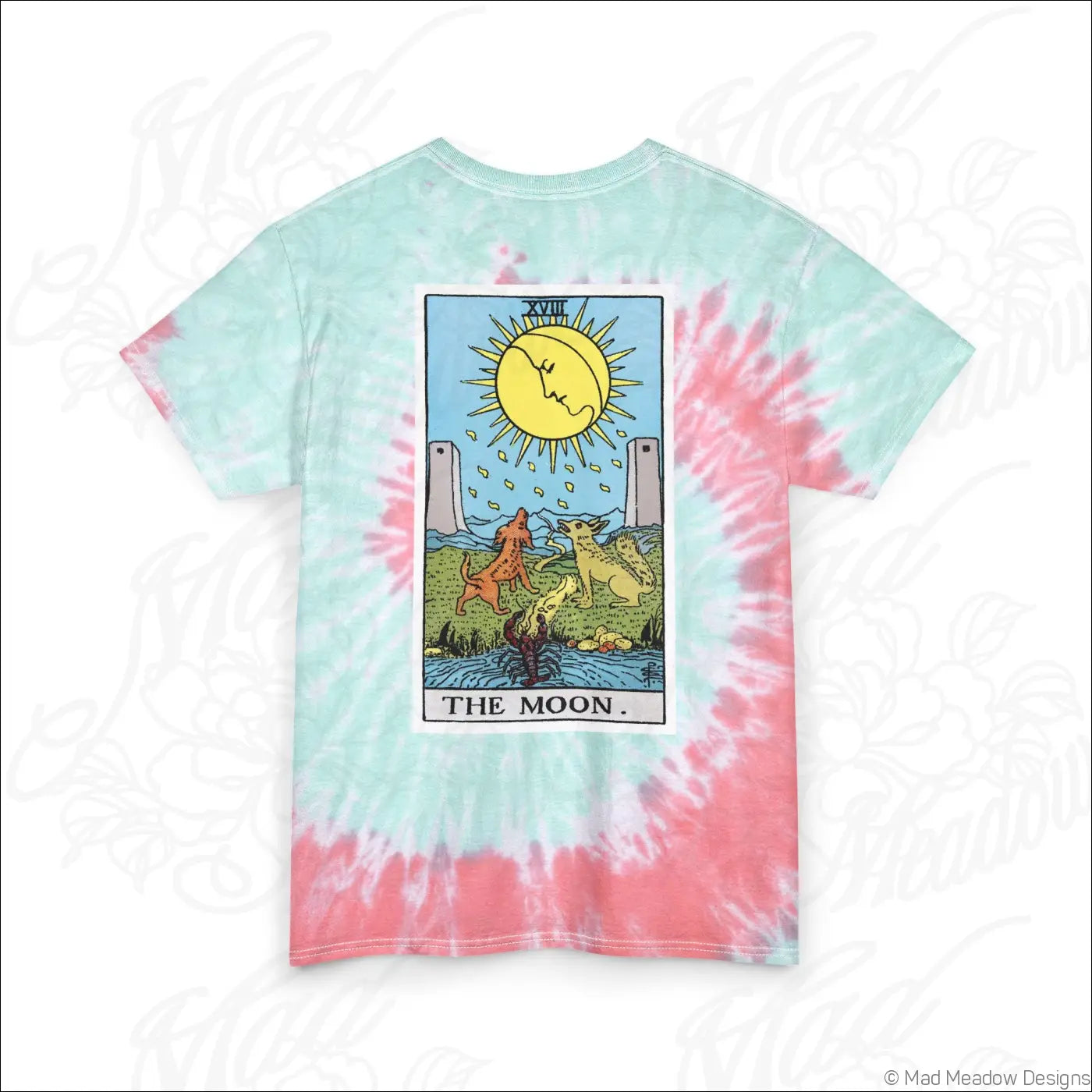 Pastel tie-dye tarot sun and moon t-shirt with moon tarot card graphic in pink and mint ring-spun cotton machine wash