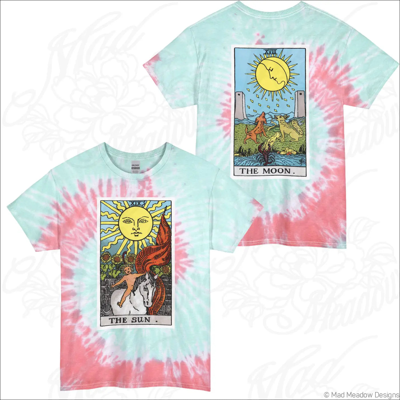 Pastel tie-dye tarot sun and moon t-shirt with celestial vintage card design made from soft ring-spun cotton, machine wash safe