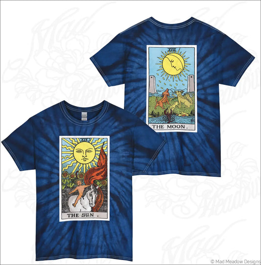 Blue tie-dye tarot sun and moon t-shirt made of soft ring-spun cotton with machine wash care instructions