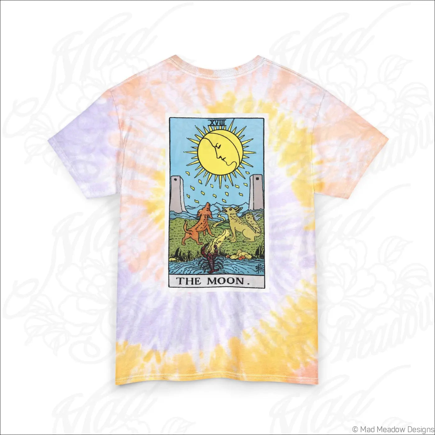 A vibrant tie-dye tarot sun and moon t-shirt with pastel moon card graphic made of soft ring-spun cotton, machine wash care instructions