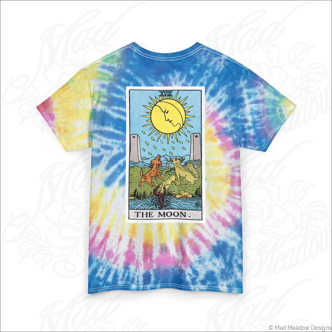 A vibrant ring-spun cotton tarot sun and moon tie-dye t-shirt in blue yellow and pink machine wash easy care