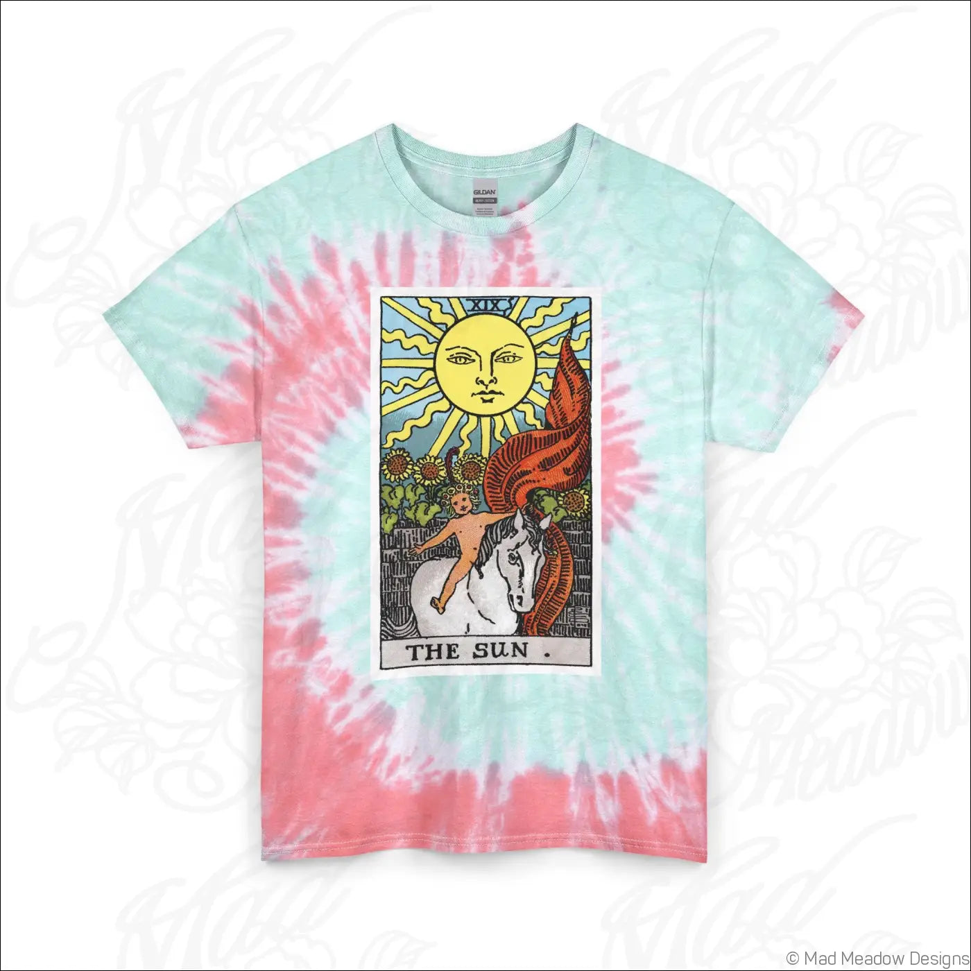 A pastel pink and mint green tie-dyed ring-spun cotton t-shirt with tarot sun card graphic, machine wash care instructions