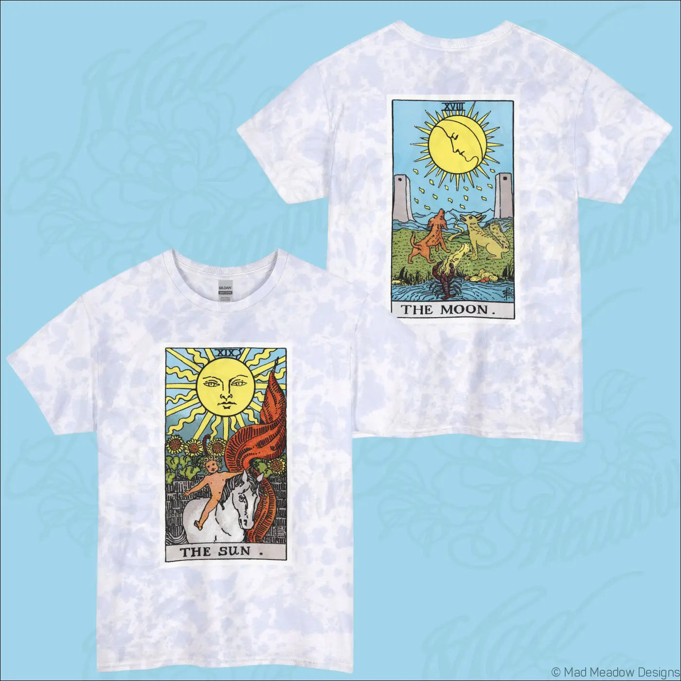 White tie-dye tarot sun and moon t-shirt in ring-spun cotton with celestial card design and easy machine wash care instructions