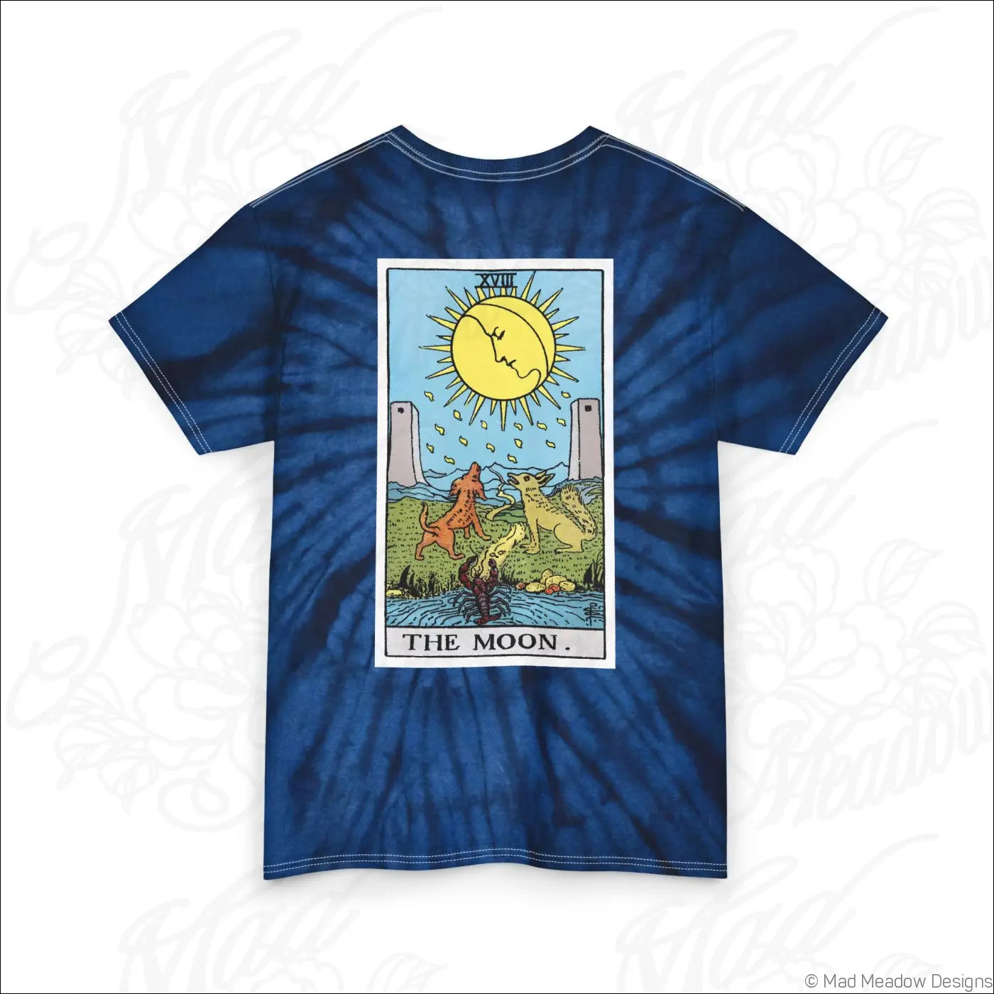 Blue tie-dye tarot sun and moon t-shirt with moon tarot card graphic made of soft ring-spun cotton machine wash safe