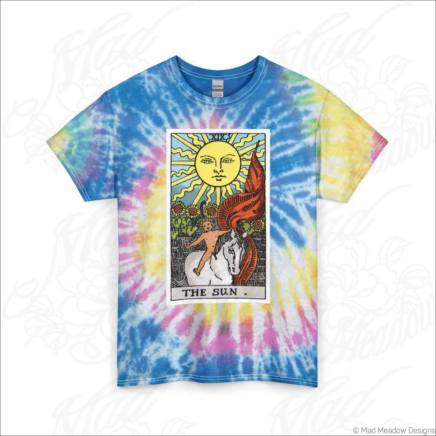Vibrant tie-dye tarot sun and moon t-shirt with sun tarot card print made of soft ring-spun cotton, machine wash care instructions