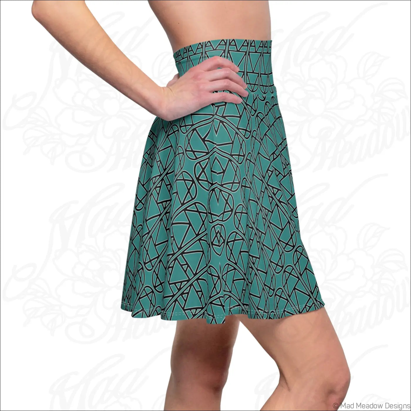 Teal elemental column pattern women’s skater skirt with bold black geometric print made for line dry care instructions