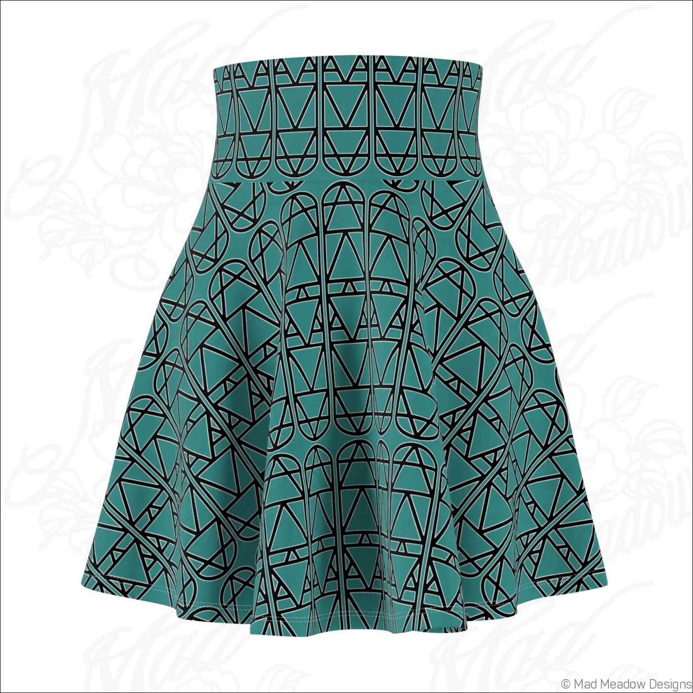Teal high waisted skater skirt with bold black geometric pattern care instructions line dry recommended