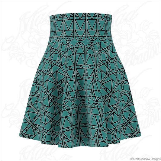 Teal high waisted skater skirt with bold black geometric pattern care instructions line dry recommended