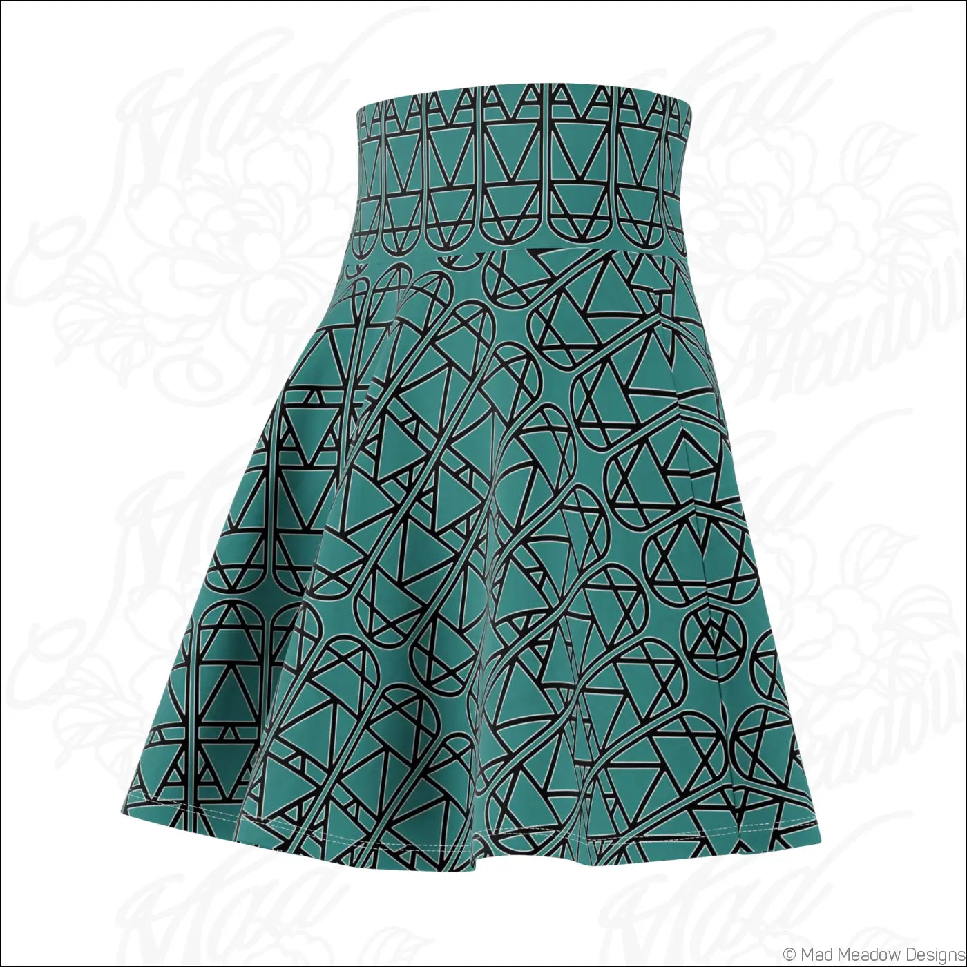Teal elemental column pattern womens skater skirt with bold black geometric print and care instructions to line dry