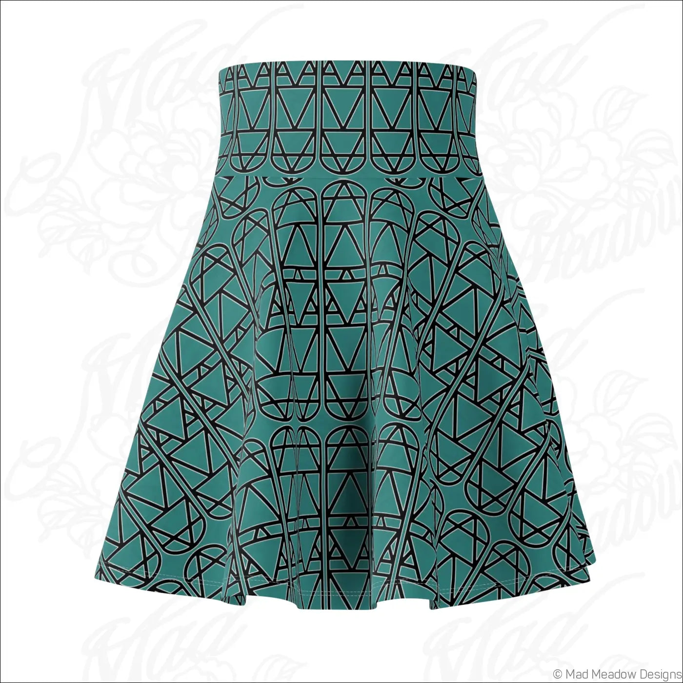 Teal elemental column pattern women’s skater skirt with bold black geometric print hand wash care instructions recommended