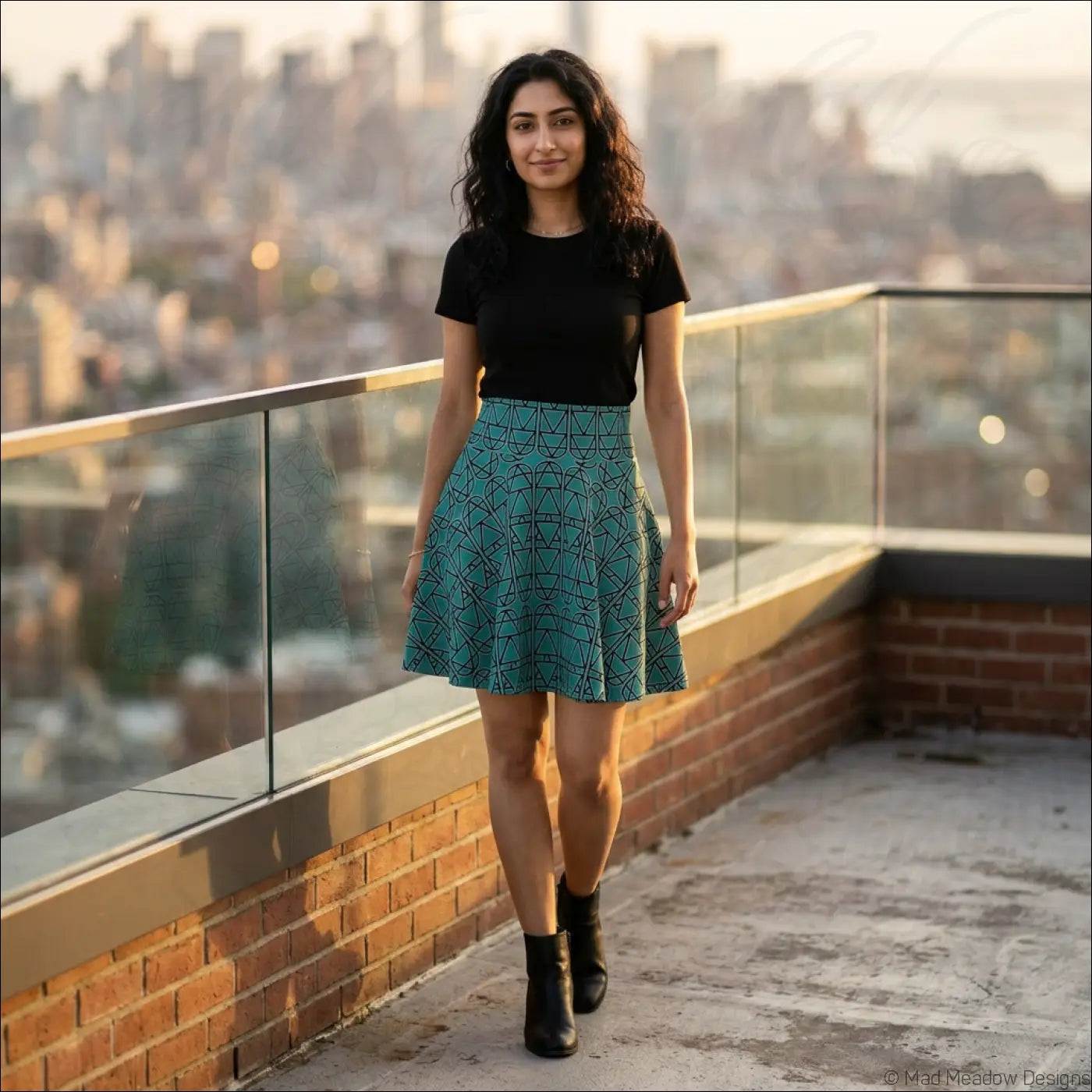 Teal elemental column pattern women’s skater skirt with geometric black lines, flared fabric, hand wash care instructions