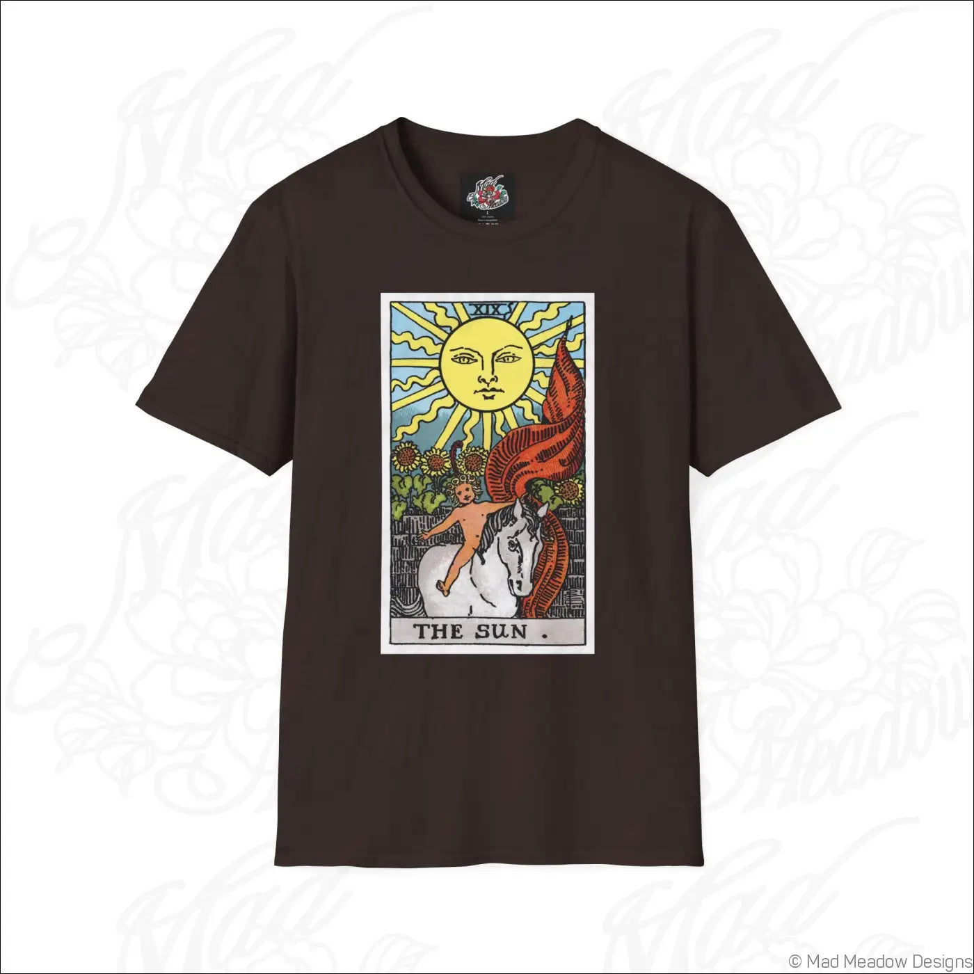 Dark brown cotton t-shirt with vibrant sun tarot card print made from ethically sourced cotton and low heat care vintage tarot tee