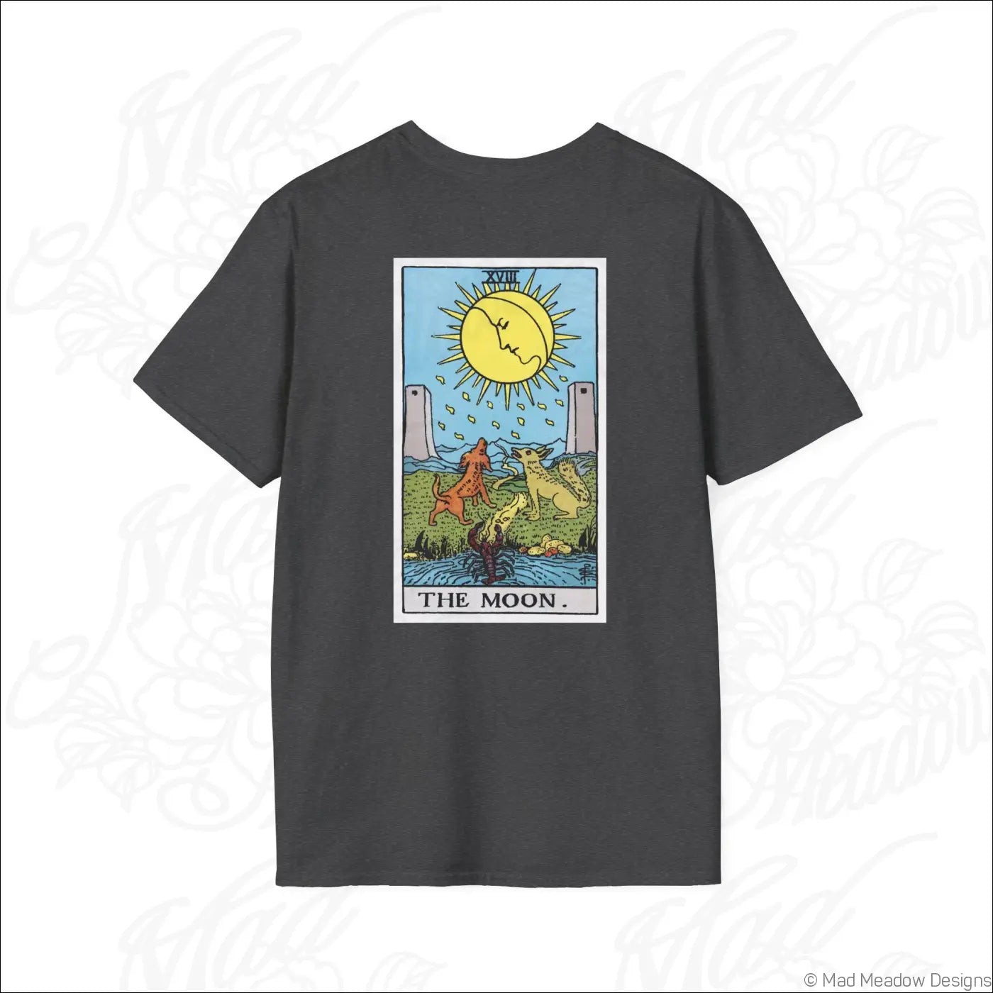 Dark gray short-sleeved t-shirt with colorful vintage tarot the moon print made from ethically sourced cotton ideal for low heat care