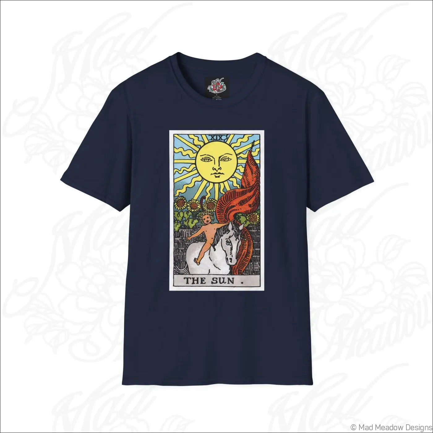 Navy blue cotton t-shirt featuring a vibrant sun tarot card illustration made from ethically sourced cotton for low heat care
